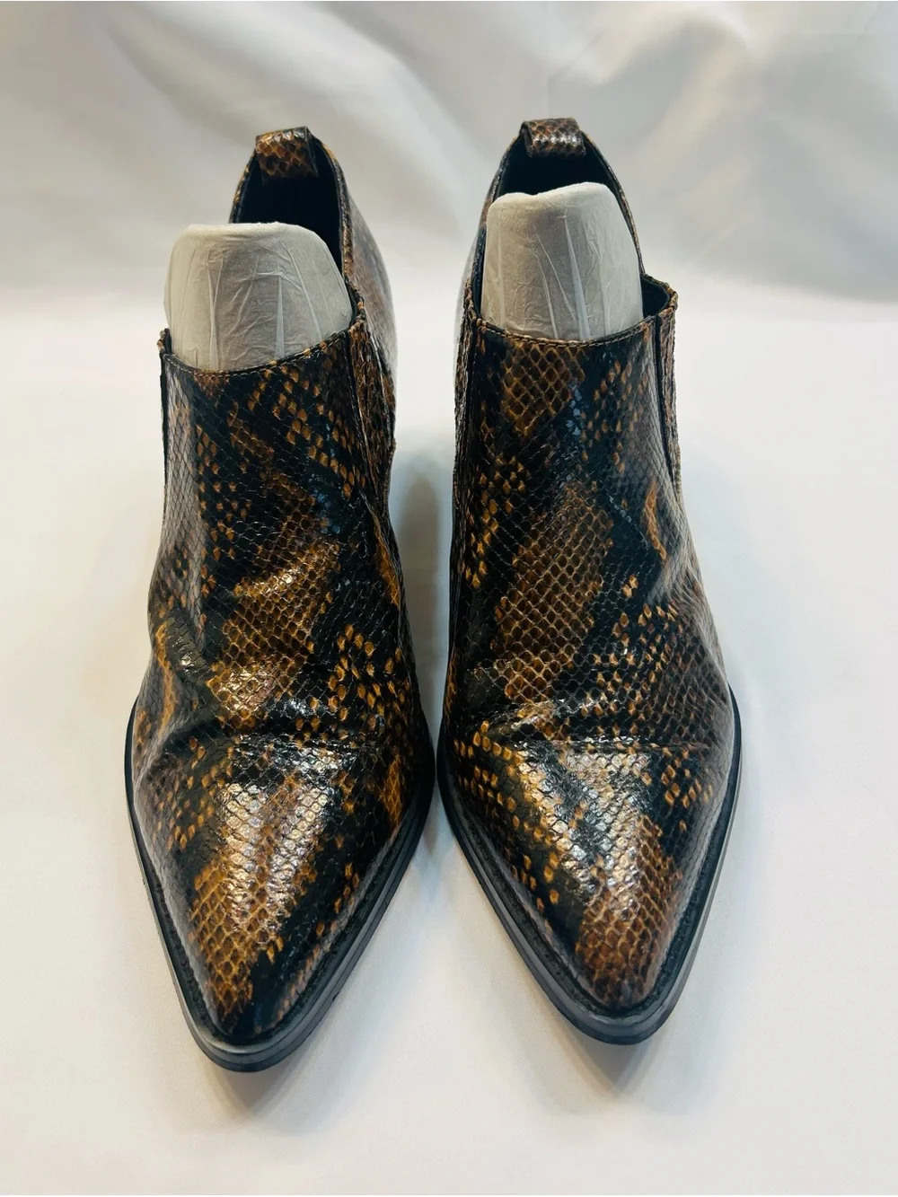 Bleecker & Bond “Lydia”  Snakeskin Print Pointed Slip-On Ankle Booties